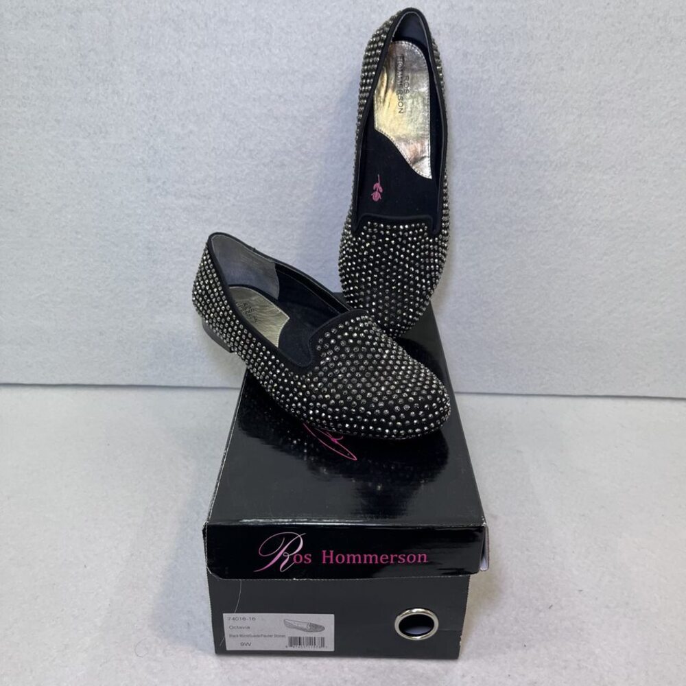 Ros Hommerson Octavia studded microsuede black loafers womens sz 9 WIDE